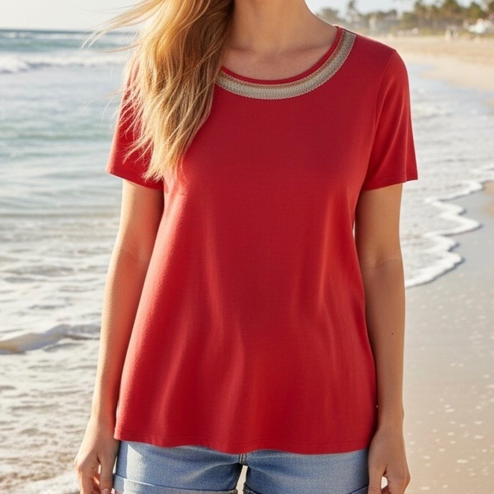 Coldwater Creek Coral Supima Cotton Sequin Tee Shirt Womens Sz M 10-12 Summer